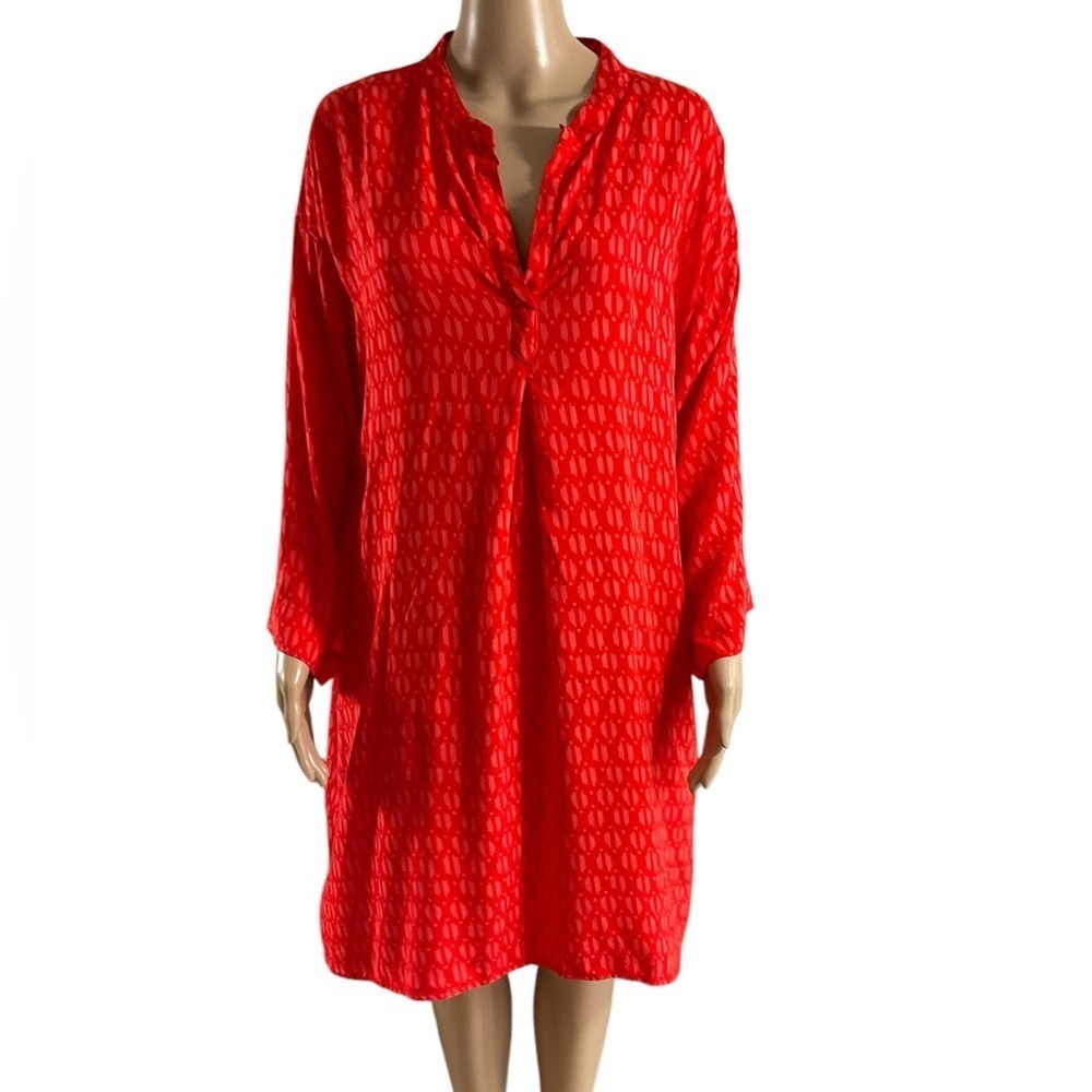 Natori Red Tunic Dress Size XL  100% Rayon  Textured Pattern with Pockets